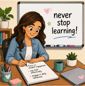 CC-instory-pic | MiddleWeb Woman studying at a desk, writing in a notebook; whiteboard behind her reads 'never stop learning!' with doodles and hearts.